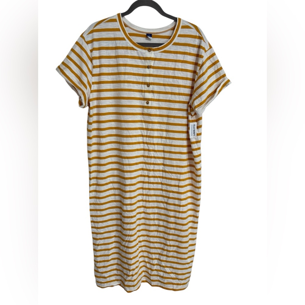 Old Navy Short-Sleeve Striped Yellow and White Henley Midi Shift Dress